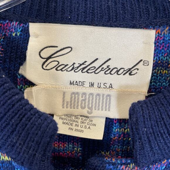 Vintage I. Magnin Castlebrook 80's Cardigan Knit Jacket Blue Geo Jewel Button 12 - Picture 2 of 7